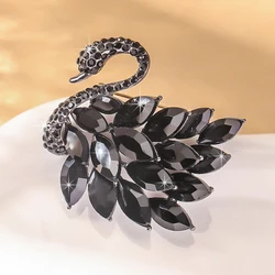 Dark Sweet Cool Black Swan Brooch with Large Crystal Feather Design for Summer Gothic/Street Style Accessories
