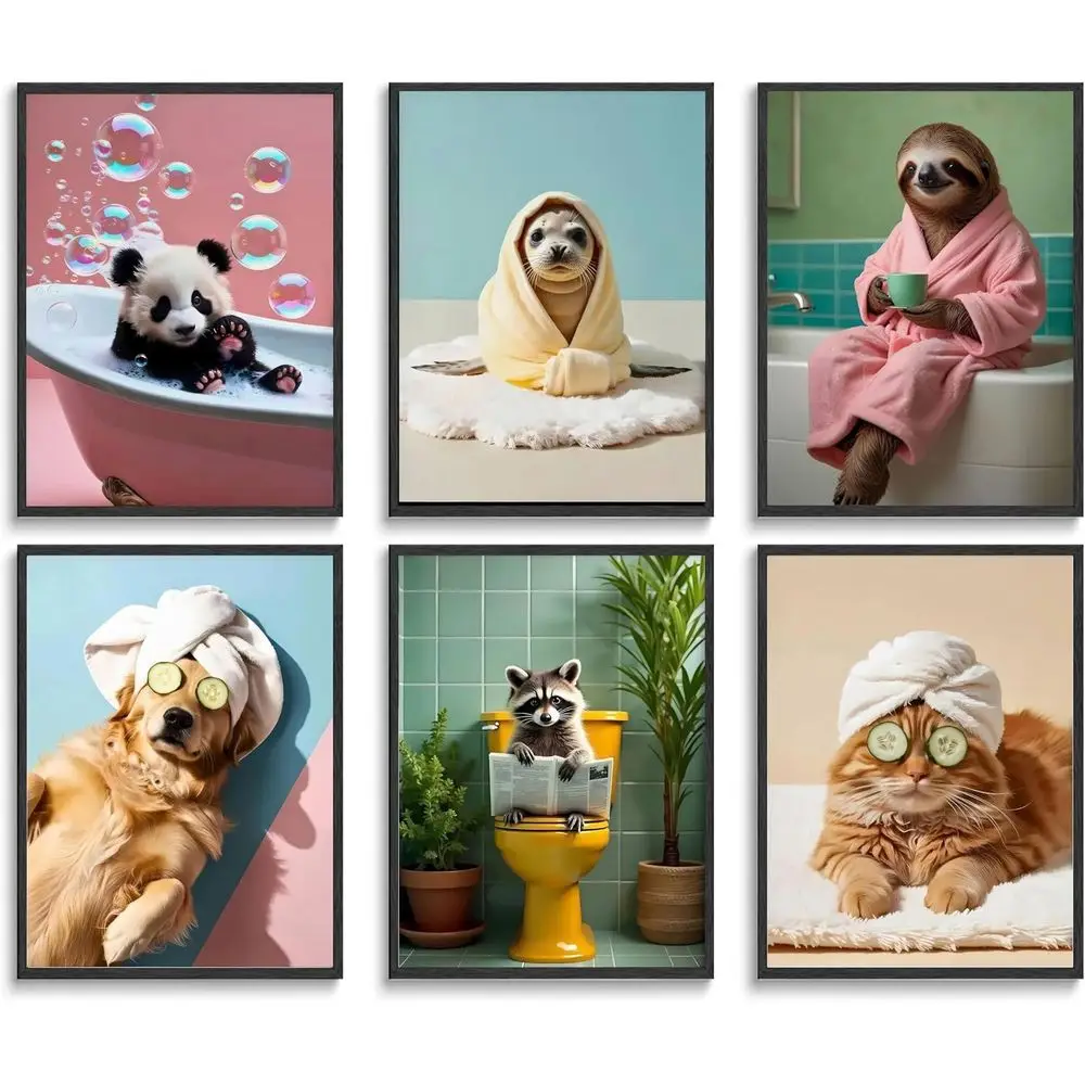

LOARTVE Funny Animals Bathroom Wall Art Prints Set of 6 Funky Animal Bathtub Toilet Wall Decor Pictures Whimsical Bathroom Poste
