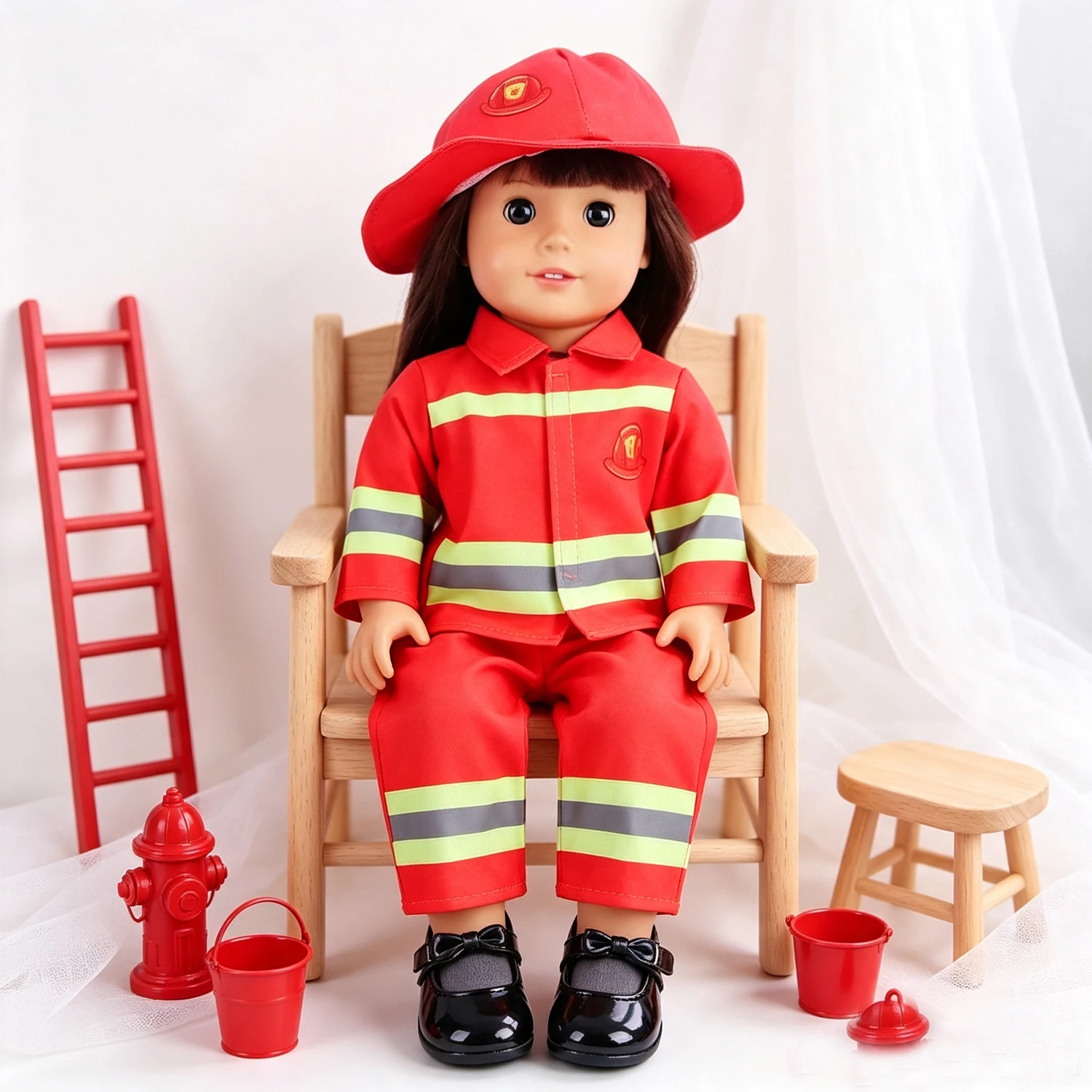 Red Firefighter Doll Uniform Set Top Pants Hat + Shoes Doll  Clothes Outfit Accessories For 18-Inch American & OG Girl Dolls Toy - view 3