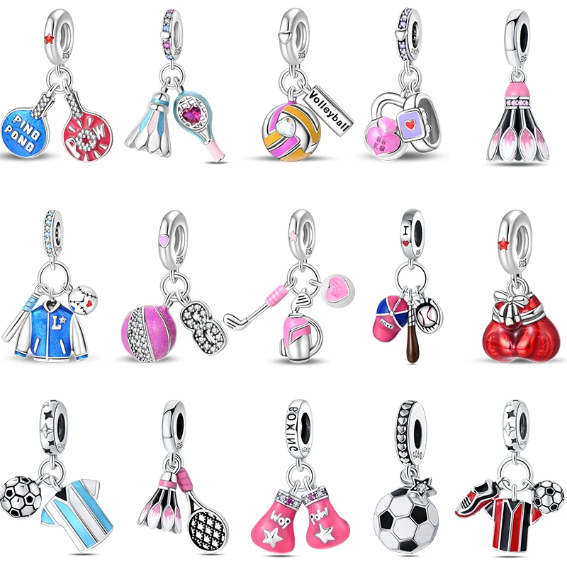 Original 925 Sterling Silber Charm Perlen Sport Serie Hantel Badminton Fußball Baseball Anhänger Für Armband Charme Schmuck