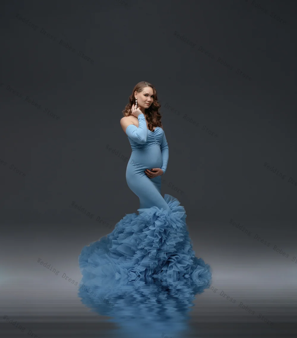 Blue Woman Pregnant Prom Dress Sexy Off Shoulder Full Sleeves Maternity Robes Evening Gown Tiered Tulle Sleepwear Customized