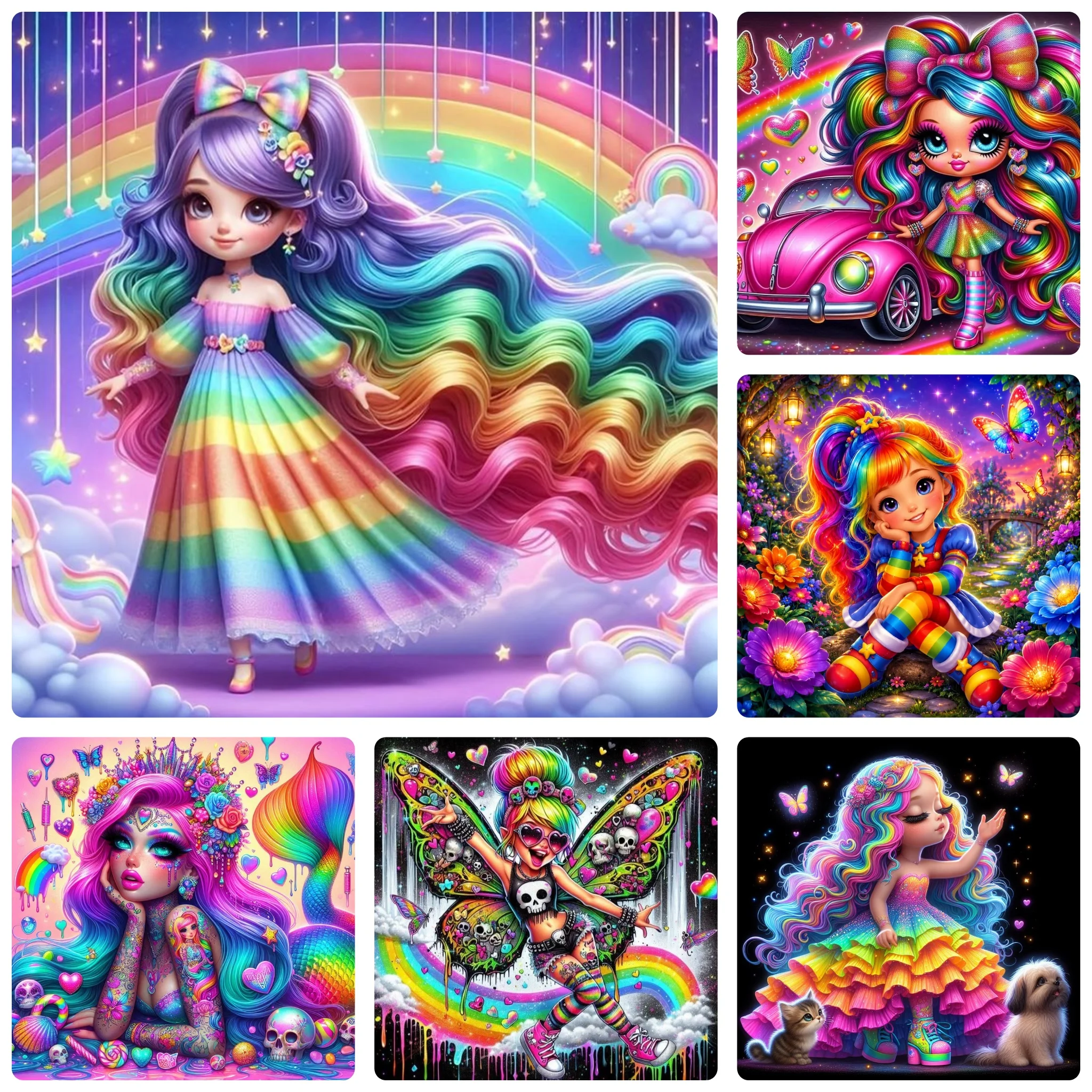 Pittura Diamante Fai da Te Arcobaleno Capelli Ricci Ragazza Cartone Animato Fantasia Colorata Mosaico Artistico Fatto a Mano Decorazione Casa Squisita