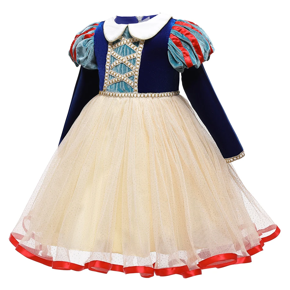 Schneewittchen-Prinzessinnenkleid für Mädchen, blaues Samt-Mieder mit beigem Tüllrock, Spitzenapplikationen für Halloween, Geburtstagsfeier, Cosplay – Detail 7