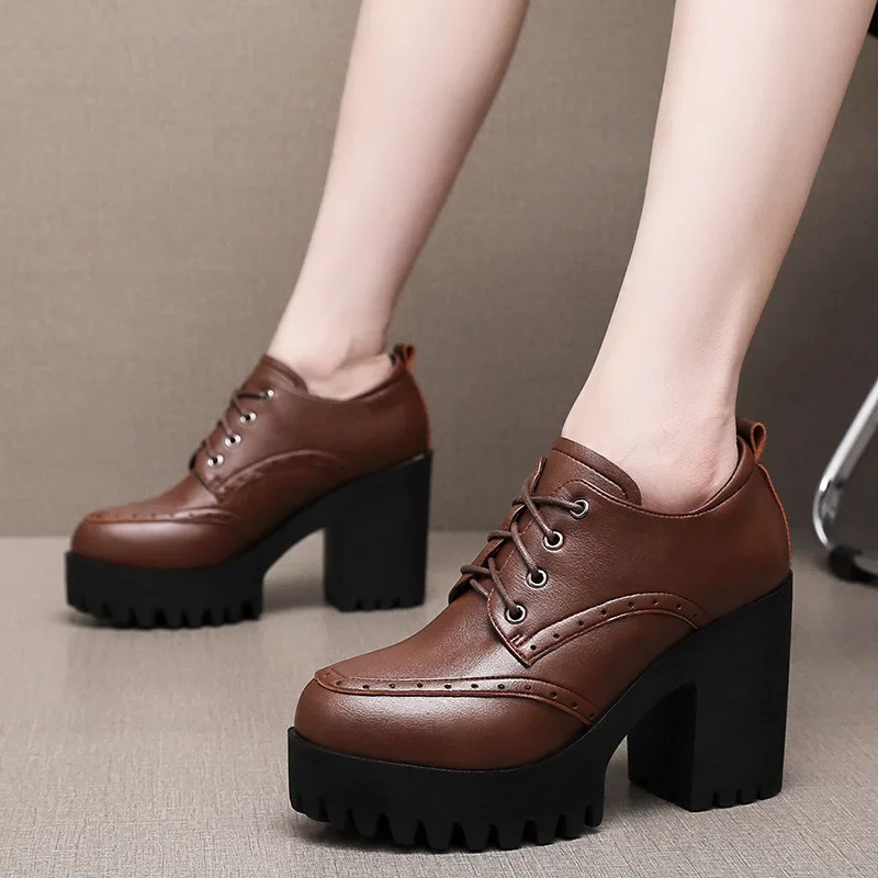 Small Size 32-43 British Deep mouth Brogues Shoes Women Oxfords Fall Winter 2024 Block High Heels Shoes Platform Pumps Office