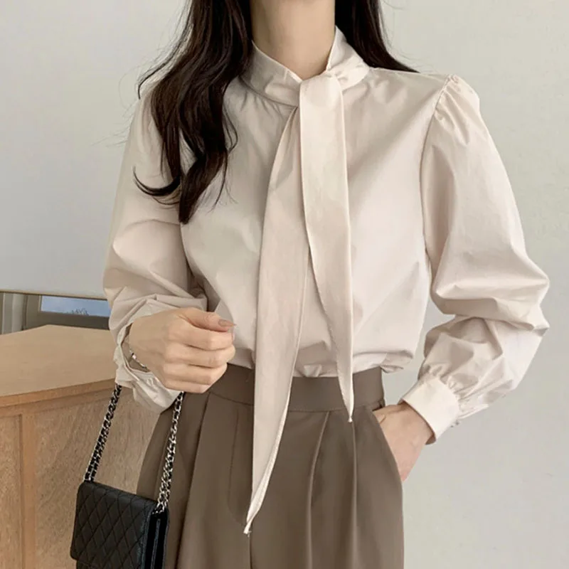 

Elegant Ribbon Collar Shirt For Women Korean Fashion Woman Clothing Spring Woman Loose Blouse Long Sleeve Tops Camisas De Mujer
