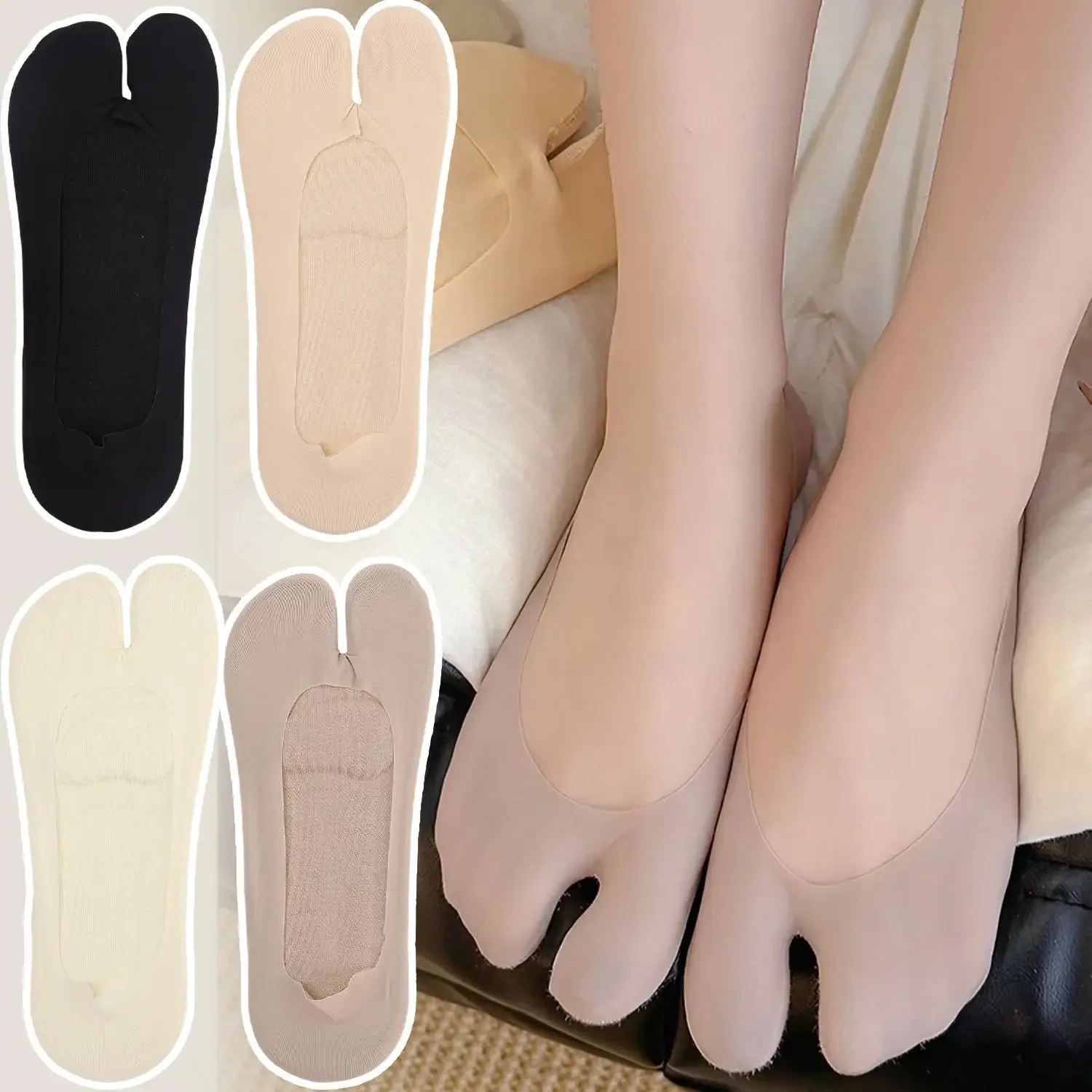Schwammgepolsterte Zwei-Finger-Socken Unsichtbare Rutschfeste Niedrig Geschnittene Socken Einfarbig Bequem Atmungsaktiv Sommer Dünne Baumwoll-Tabi-Socken – Detail 5