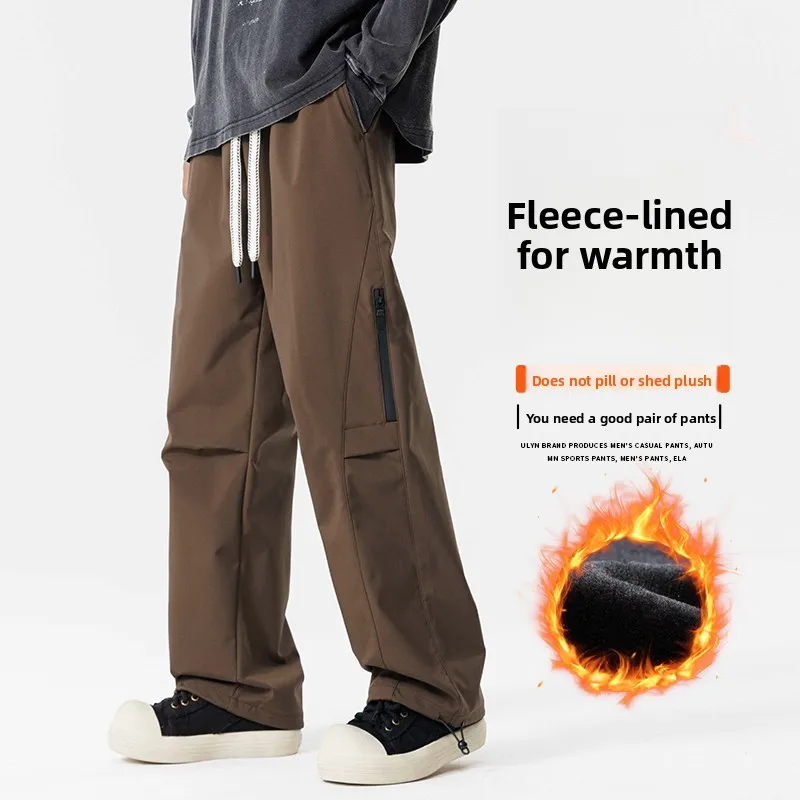 

2025 New Men's Straight Leg Casual Pants Autumn Winter Loose Wide Leg Workwear Pants Waterproof Fleece-Lined Warm Long Trousers