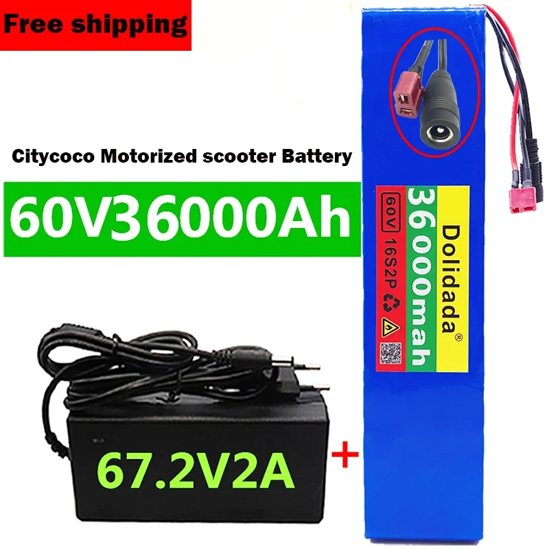 Rechargeable Battery Pack 60V 16S2P 18650 Li-ion 67.2V 36000mAh Ebike Electric Bicycle Scooter with BMS 1000Watt Tplug + Charger