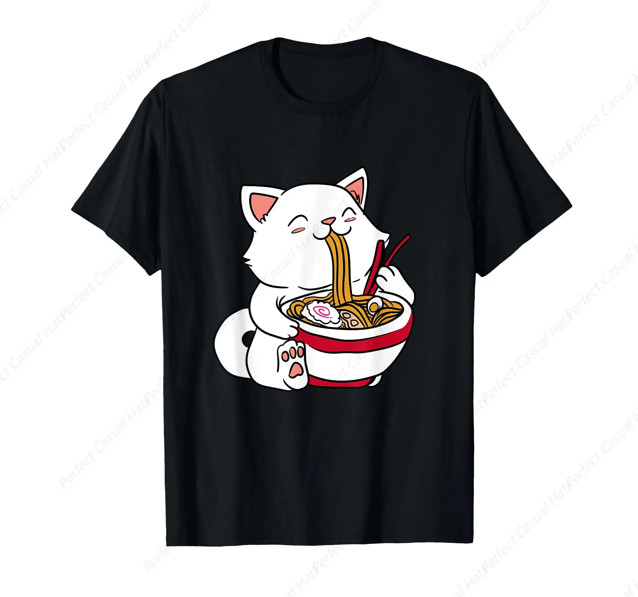 

Hot-Selling Kawaii Cat Eating Ramen Noodles Japanese Food Anime T-Shirt Cotton Soft Shirt