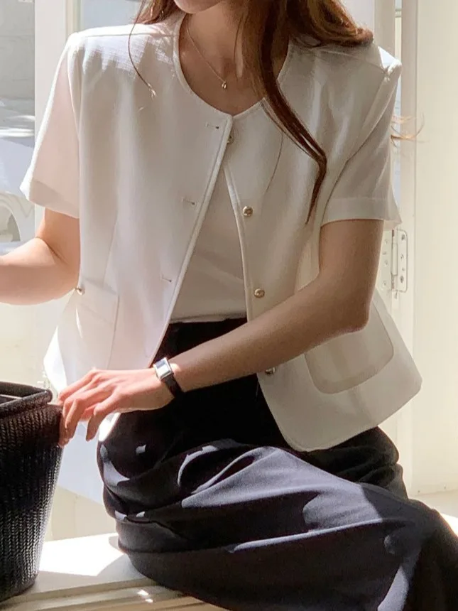 

Chic ort Coat Women's round Ne Single Button Cardigan Ele Summer Top Faionable mat High-End Sensation