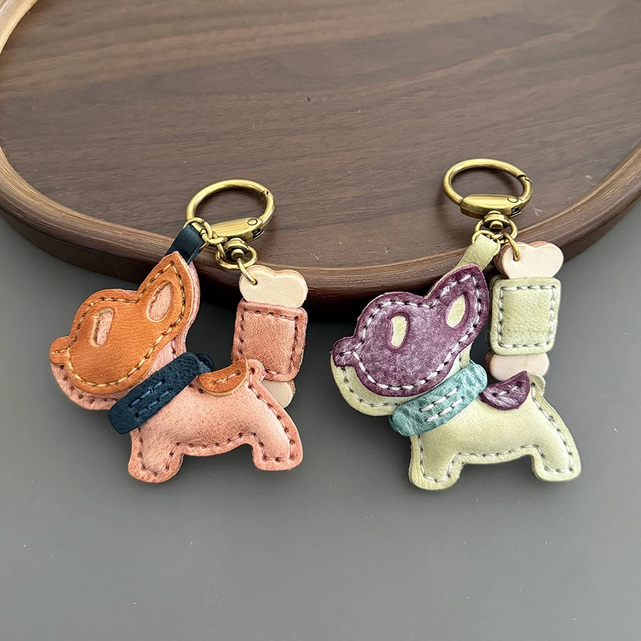 Cow Leather Car Keychain Multi-layer French Bulldog Dog Keychain Jewelry Accessory For Bag Charm Clothes Matching Pendant