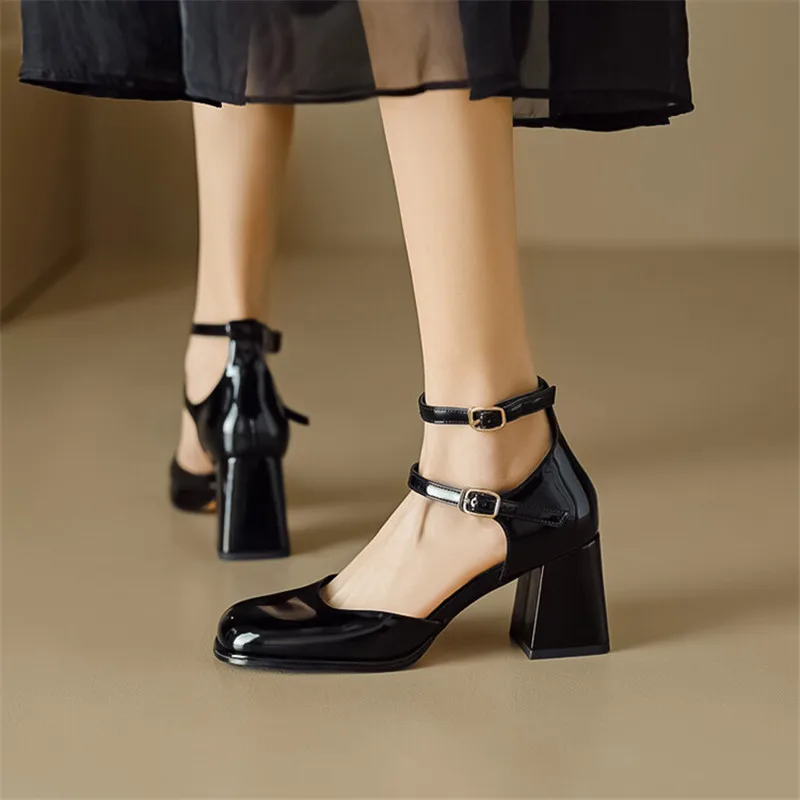 Patent Leather Summer Sandals Shoes for Women Cover Toe Sandals French Square Toe Chunky Heel Women Shoes Zapatos Mujer Handmade