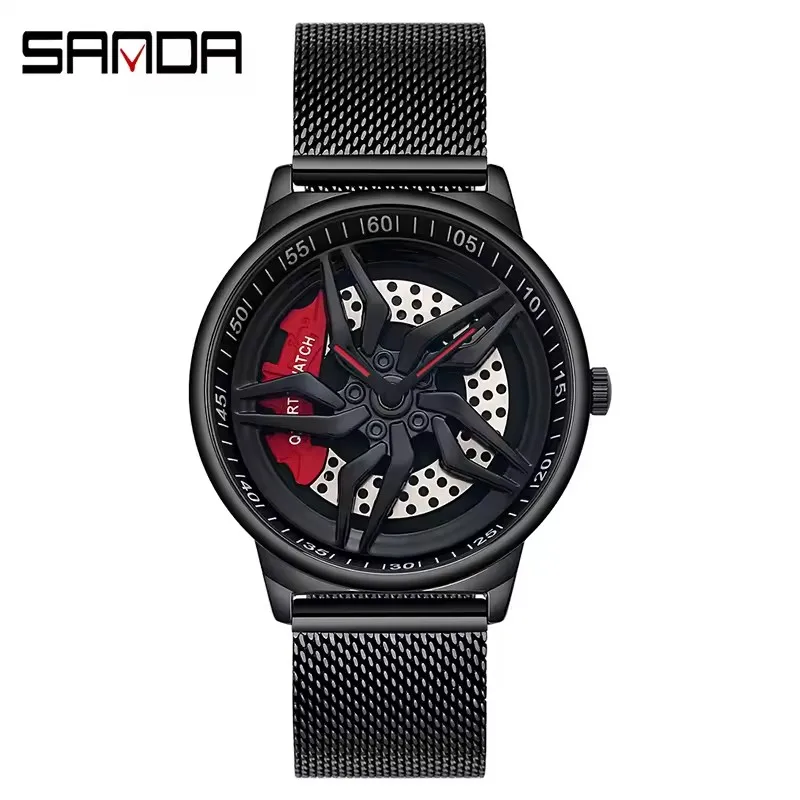 SANDA 1022-heren quartzhorloge Uniek echt 3D-model Draaiende auto Luxe mode Lichtgevende waterdichte horloges voor mannen reloj hombre
