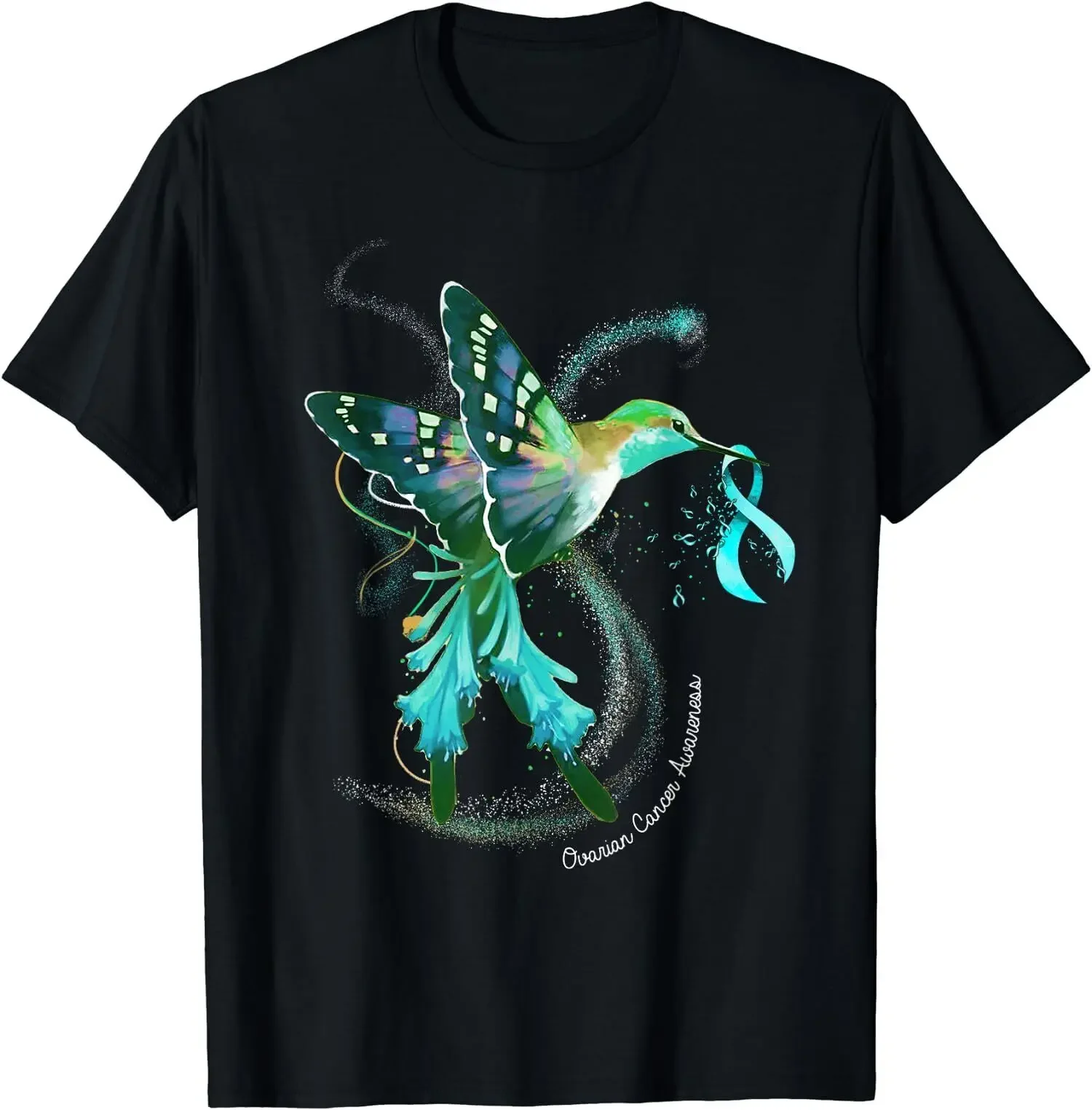 Hummingbird Holding Teal Ribbon Ovarian Cancer Unisex T-Shirt