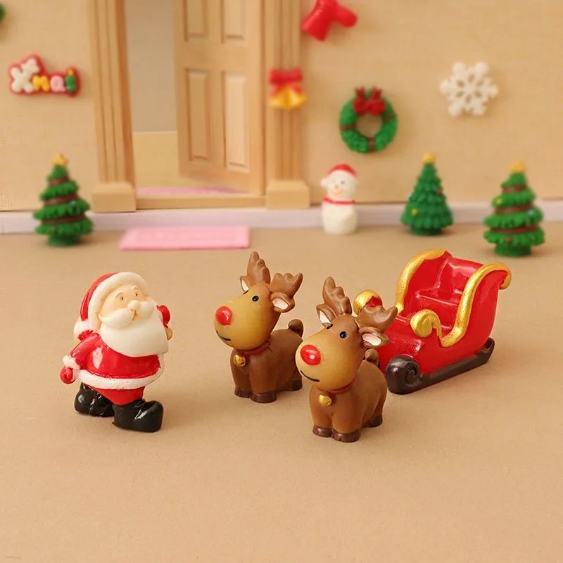 4pcs Santa Claus Sled Resin Small Ornaments Home Decoration Dolls Office Desktop DIY Model Accessories Children's Christmas Gift