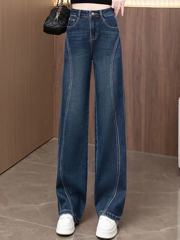 High Waist Fleece Lined Wide Leg Denim Jeans Women's Casual Loose Slimming Long Pants Autumn Winter Vintage Style Pocket Detail
