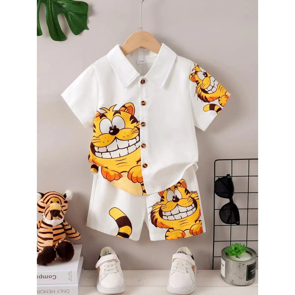 1-6 Years Kids Boy 2PCS Clothes Set Cartoon Cute Tiger Short Sleeve Shirt+Shorts Fashion Style Suit Child Birthday Party Outfits