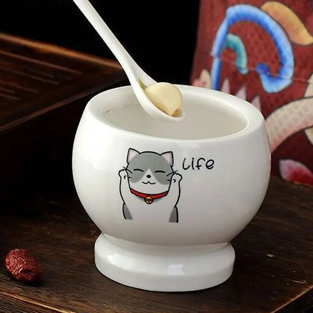 

Multifunctional Ceramics Garlic Grinding Jar Cartoon Household Spices Mill with Lid Cat Pattern Pounding Garlic Jar Seasoning