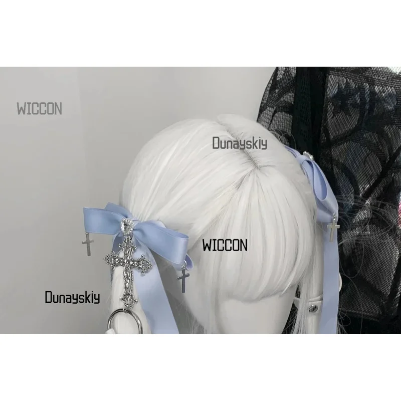 Gothic Lolita Twin-Tail Hair Clips  Dark Casual Dangerous Type Subculture Black Ribbon Cross Hairpins Japanese Street Halloween