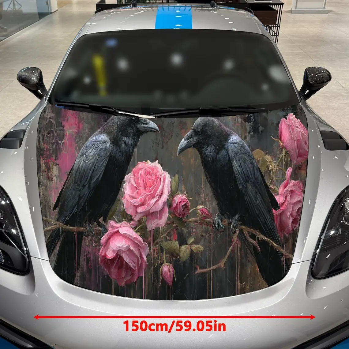 Roses and Black Ravens Car Hood Vinyl Stickers Car Surface Protection Decal Car Decoration Cover Vinyl Wraps Waterproof Self-adh