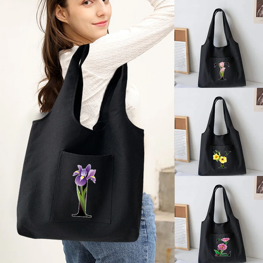 Bolso organizador de lona para mujer, bolsa de hombro con estampado de iniciales de flores, reutilizable, informal, para compras y supermercado