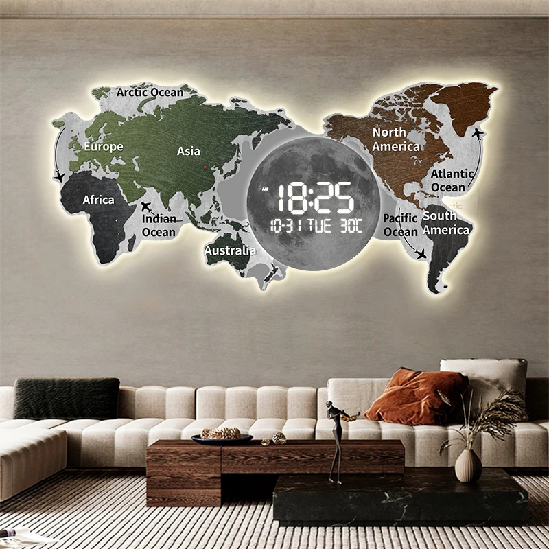 Large Size World Map Artwork Wall Clock, Luxurious Muted Quartz Clock for Home Decor,living Room,bed Room Décor