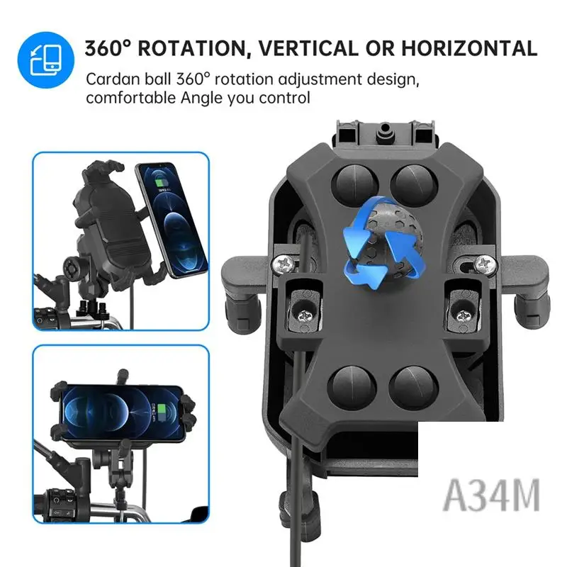 

A34M-Motorcycle Handlebar Phone Mount With 15W Wireless Charger & Vibration Dampener, Anti-Theft, Adjustable Phone Holder, Durab