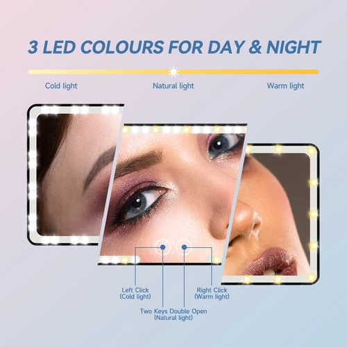 Imagen 2 del producto Espejo de maquillaje mejorado, 3 tipos de luces LED, luz de relleno fría y cálida, HD, ultrafino, para coche, espejo de tocador