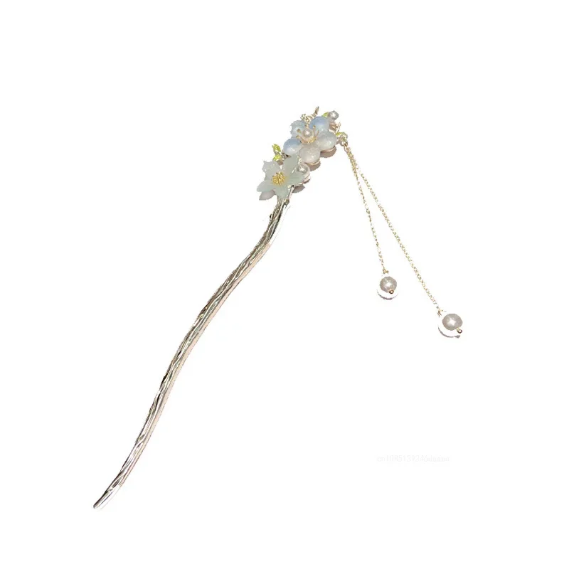 New Vintage Chinese Women's Hair Stick Metal Glaze Flowers Hair Chopsticks Ladies Imitation Pearl Jewelry Hair Accessories