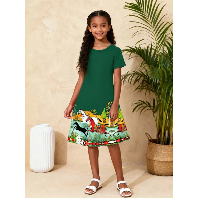 

20254 Comfortable and Stylish! Girls Dark Green Children's Dress with Fun Prints on The Hem