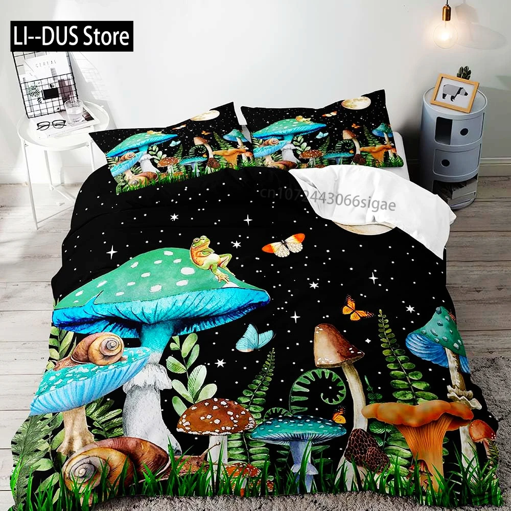 

White Mushroom Bedding Set, Duvet Cover Full Size, Green Plant Botanical Comforter Quilt Cover, 2 Pillow Shams for Women Girls