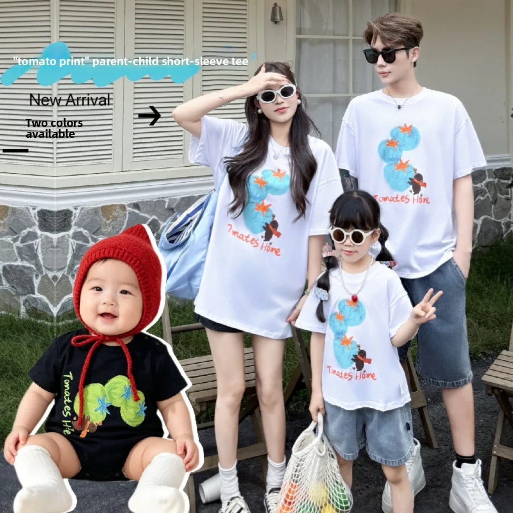 2026 Summer Family Matching Outfits Tomato Print T-Shirts Mommy and Me Tees Dad & Baby Casual Tops for Vacation Photoshoot