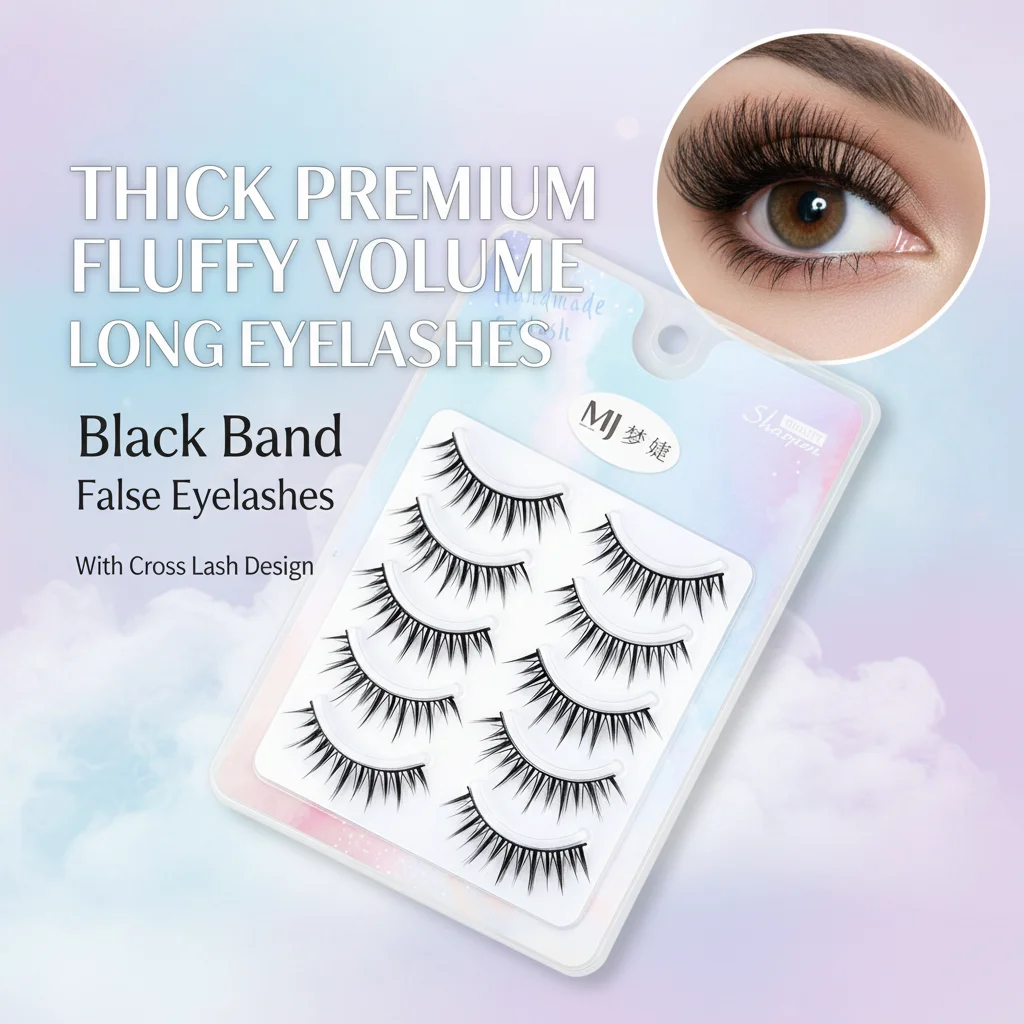 Pestañas postizas de banda negra, tira completa gruesa, pestañas largas de volumen esponjoso para Cosplay y uso diario con diseño de pestañas cruzadas