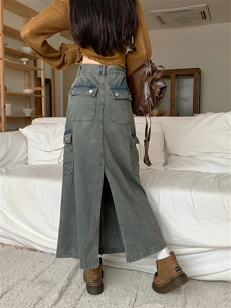 

Retro Side Pocket A-line Jeans Skirts Woman Y2k Streetwear 2024 New Casual High Waist Grey Split Cargo Skirt Femme