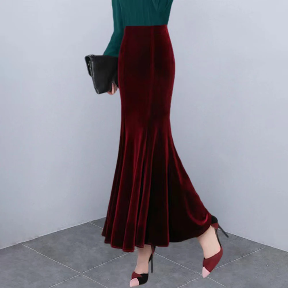 New Womens Velvet Skirt Fashion Slim Mermaid Skirt Solid Color High Waist Long Skirt Ladies' Sexy Elegant Skirt