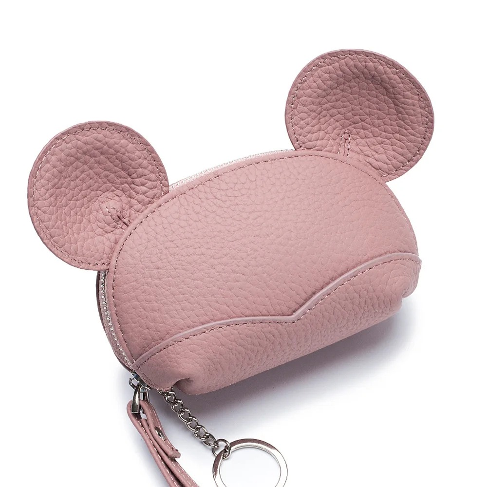 A7019 First Layer Cow Leather Mouse Ears Design Cute Versatile Lady Zipper Coin Bags Key Ring Chain Style Girls Wrist Belt Purse