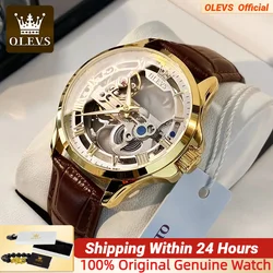 OLEVS Luxury Men Watches Automatic Mechanical Wristwatch Skeleton Design Waterproof Leather Strap Male Watch  Reloj Hombre