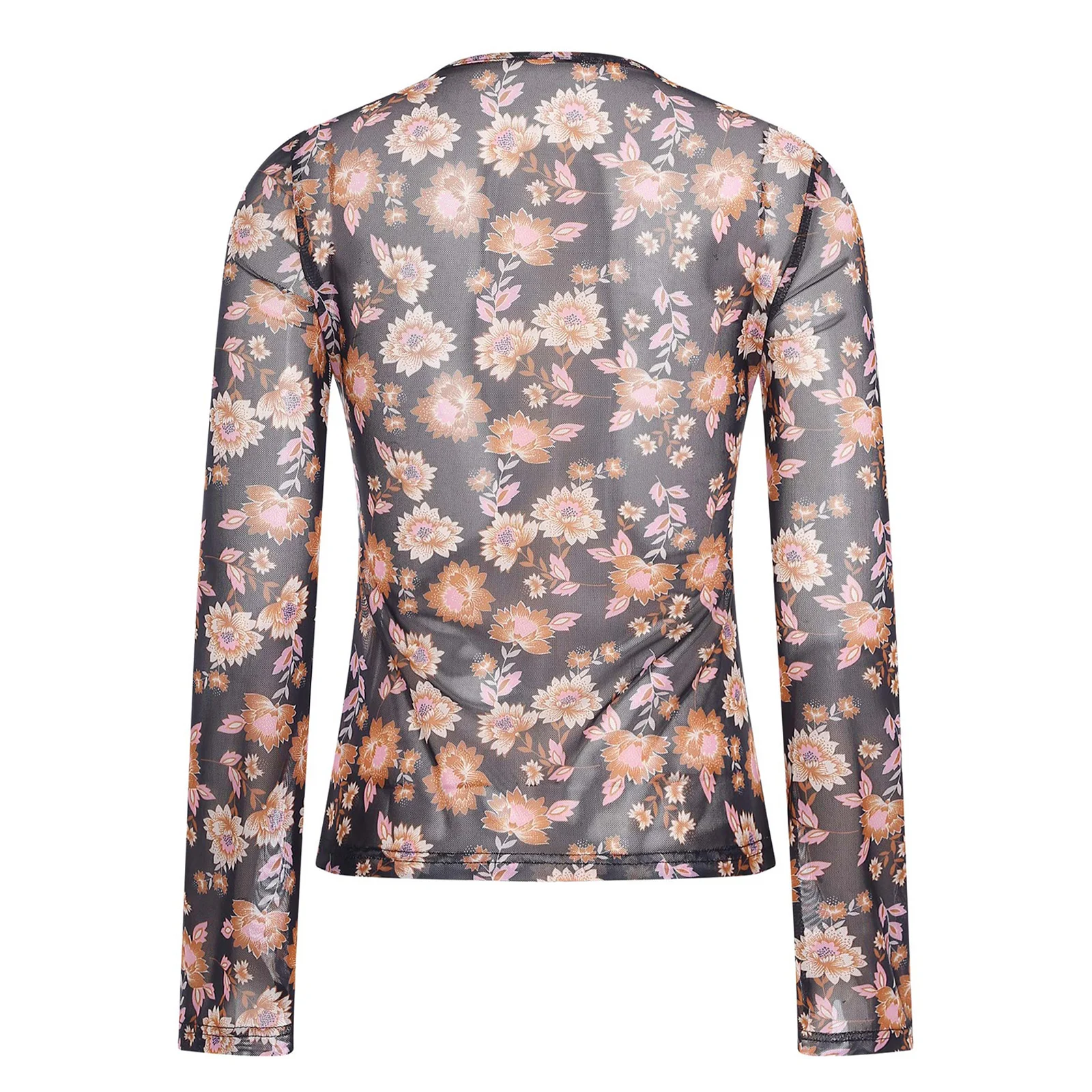 Womens Sheer Mesh Ruched Blouses Floral Print Long Sleeve Front Button-up Boho Shirt Cover-up Slim Top for Beach Club Vacation