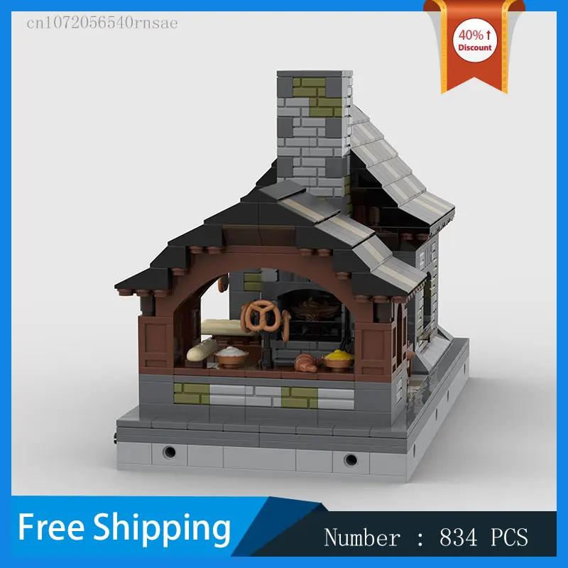 Modelo modular de cozinha medieval moc, tijolos diy, brinquedos de montagem, bloco de construção, presentes de natal, castelo, decoração, presente de aniversário