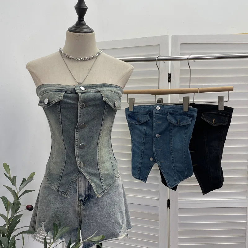Spice Girl Denim Tube Top Single-breasted Slim-fitting Strapless Chest Wrap Vest