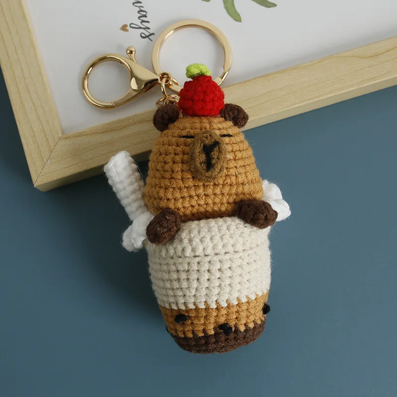 Creative Milk Tea Series Animal Doll Crochet Keychain For Car Keys Cute Knitting Capybara Doll For Bag Pendant Handmake Gifts