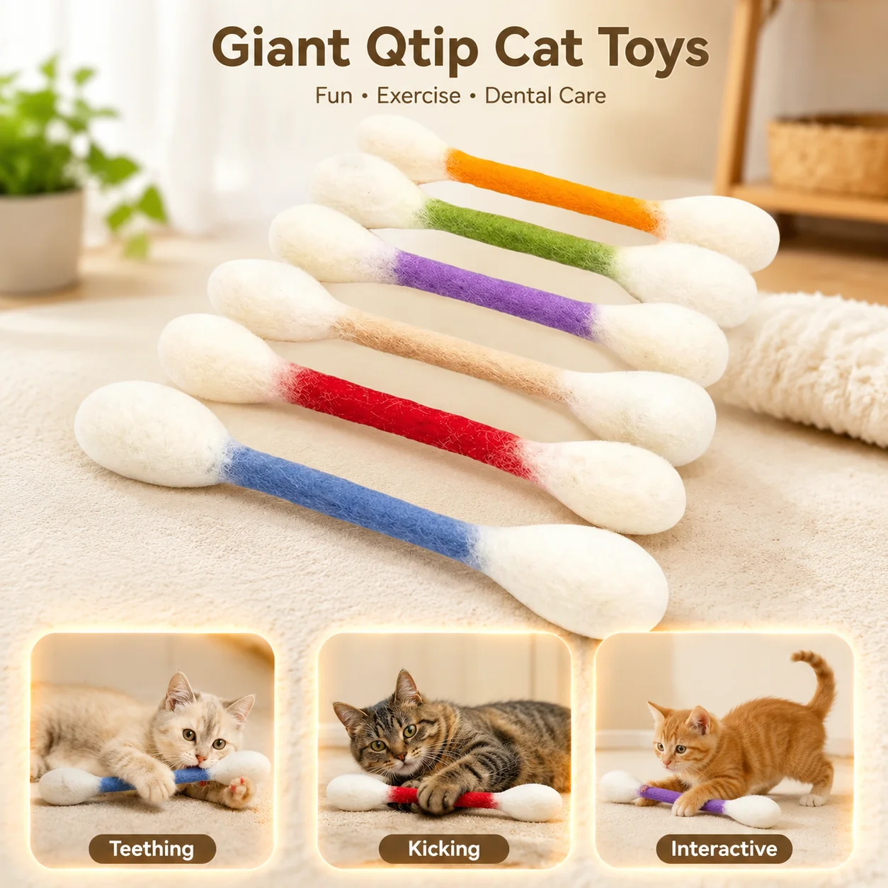 6 Pack Giant Qtip Cat Toy with Catnip, Felt Cotton Swab Kicker Sticks for Kitten Chew Dental Teething Ropes, Boredom Exercise &
