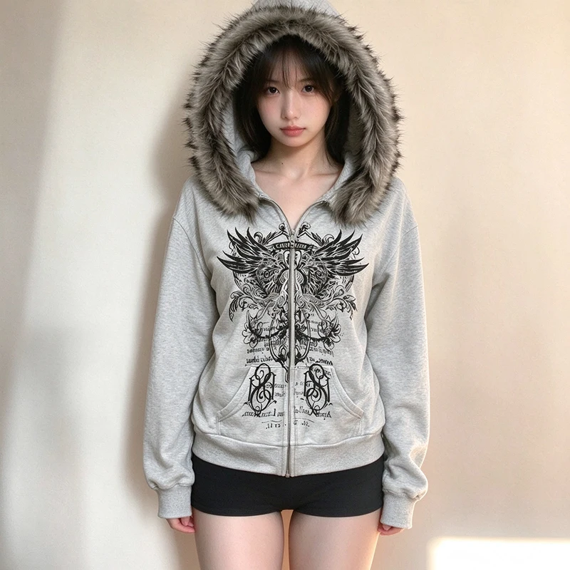 Women Y2K Zip Up Hoodie Grey Faux Fur Trim Hood Angel Wings Graphic Grunge Gothic Oversized Vintage Winter Streetwear Jacket