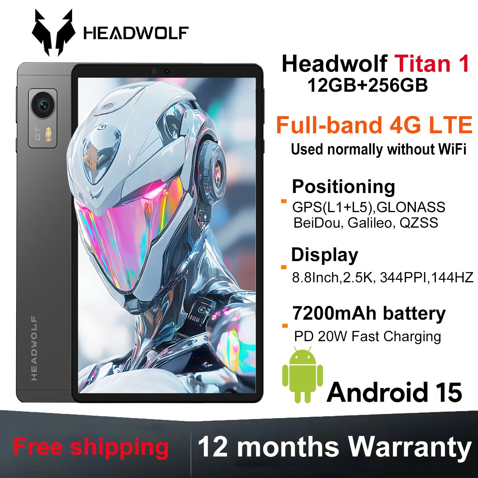 

Headwolf TiTan1 4G LTE Tablet Dual SIM Slot 8.8" LCD Screen 256GB ROM Android15 7600mAh Gaming Tablet With GPS L1+L5 Navigation