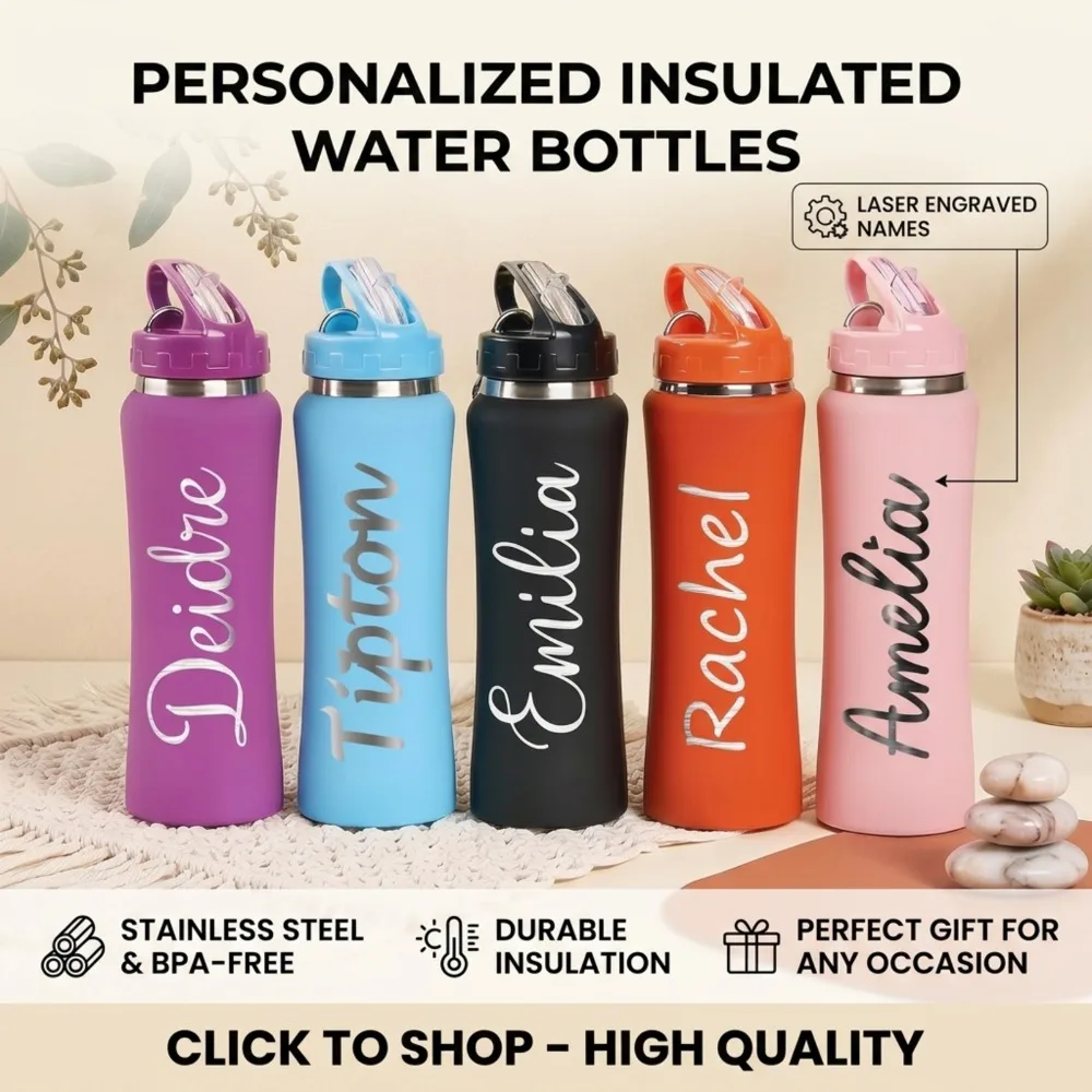 1. Custom Name Engraved Insulated Water Bottle Portable Stainless Steel Tumbler with Carabiner Lid, Reusable Drink Bottle.