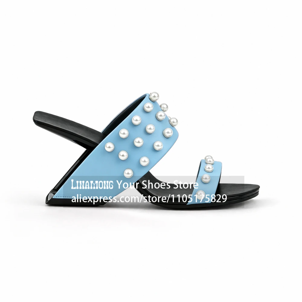 Pearl Decor Sculpture Novelty Heel Slippers Pearl Embellished Square Open Toe Summer Shoes Designer Sculpted Heel Mule Slippers - view 6
