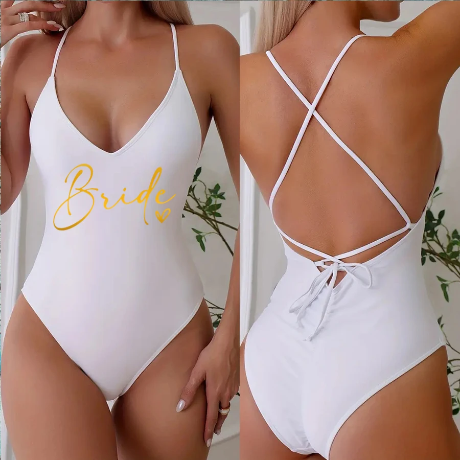 Team Bride ❤ Print Swimsuit Women Sexy Padded One Piece Bathing Suit Swimming Suit Bachelorette Party Swimwear Wedding Beachwear