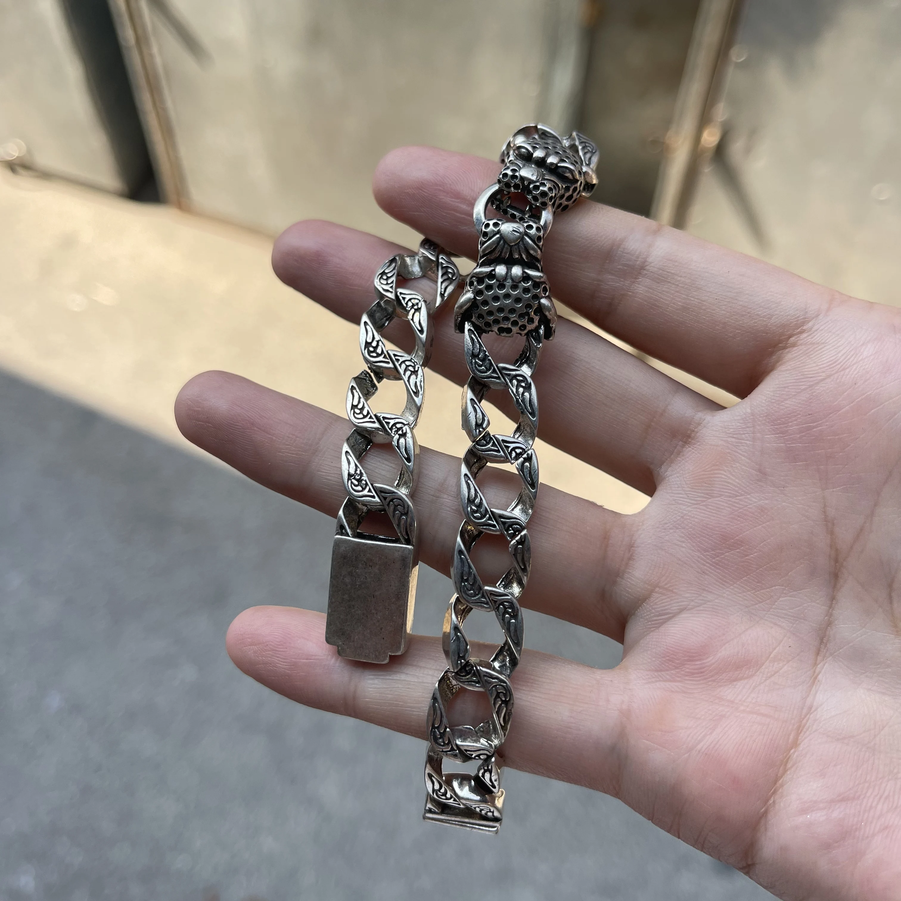 Vintage Leopard Head Men Bracelet Antique Oxidized Silver Carved Curb Chain Bracelet Gothic Biker Male Wrist Jewelry Gift
