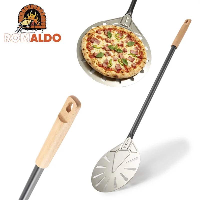 ROMALDO 7/8/9 Inch Turning Pizza Peel Stainless Steel Pizza Spatula Round Pizza Turner with Wooden Black Handle for Pizza Oven