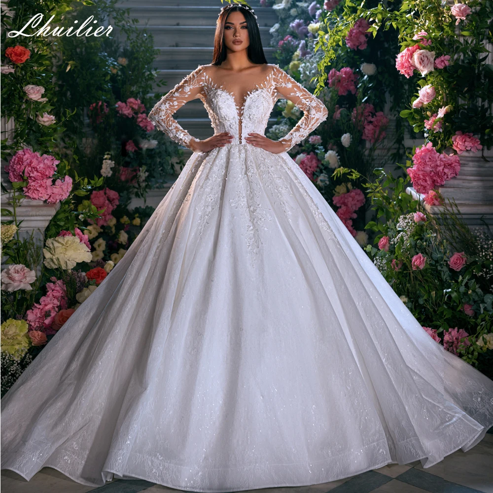 Vestido de novia de encaje personalizado Lhuilier, vestido de novia con cuentas de manga larga y cola de capilla